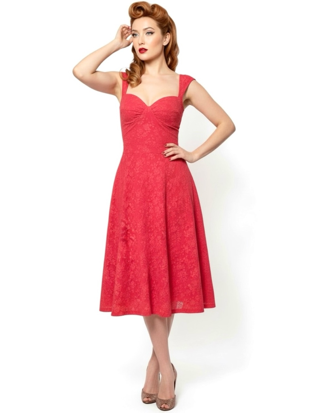 Bettie Page Queen Of Pinups Roman Holiday Midi Dress Size US 4 Small Retro Red